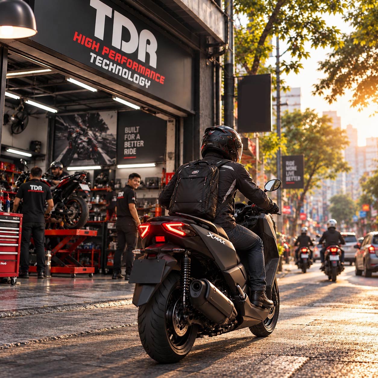 A rider pulling away from a workshop, street life around him
