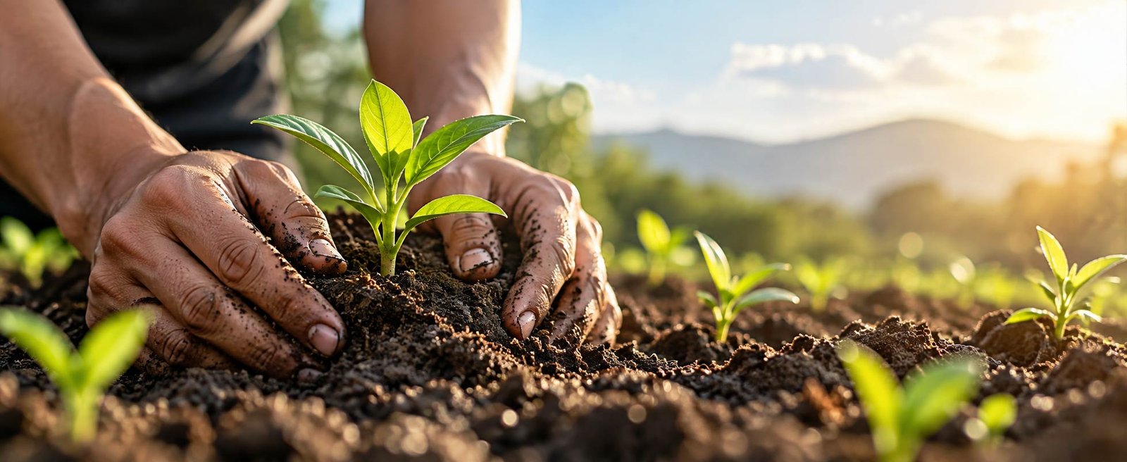 hands in rich soil, green shoots: regeneration in bright natural light