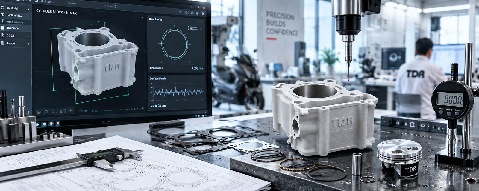 design and measurement: cam-profile curves on screen, metrology instruments, a bright lab